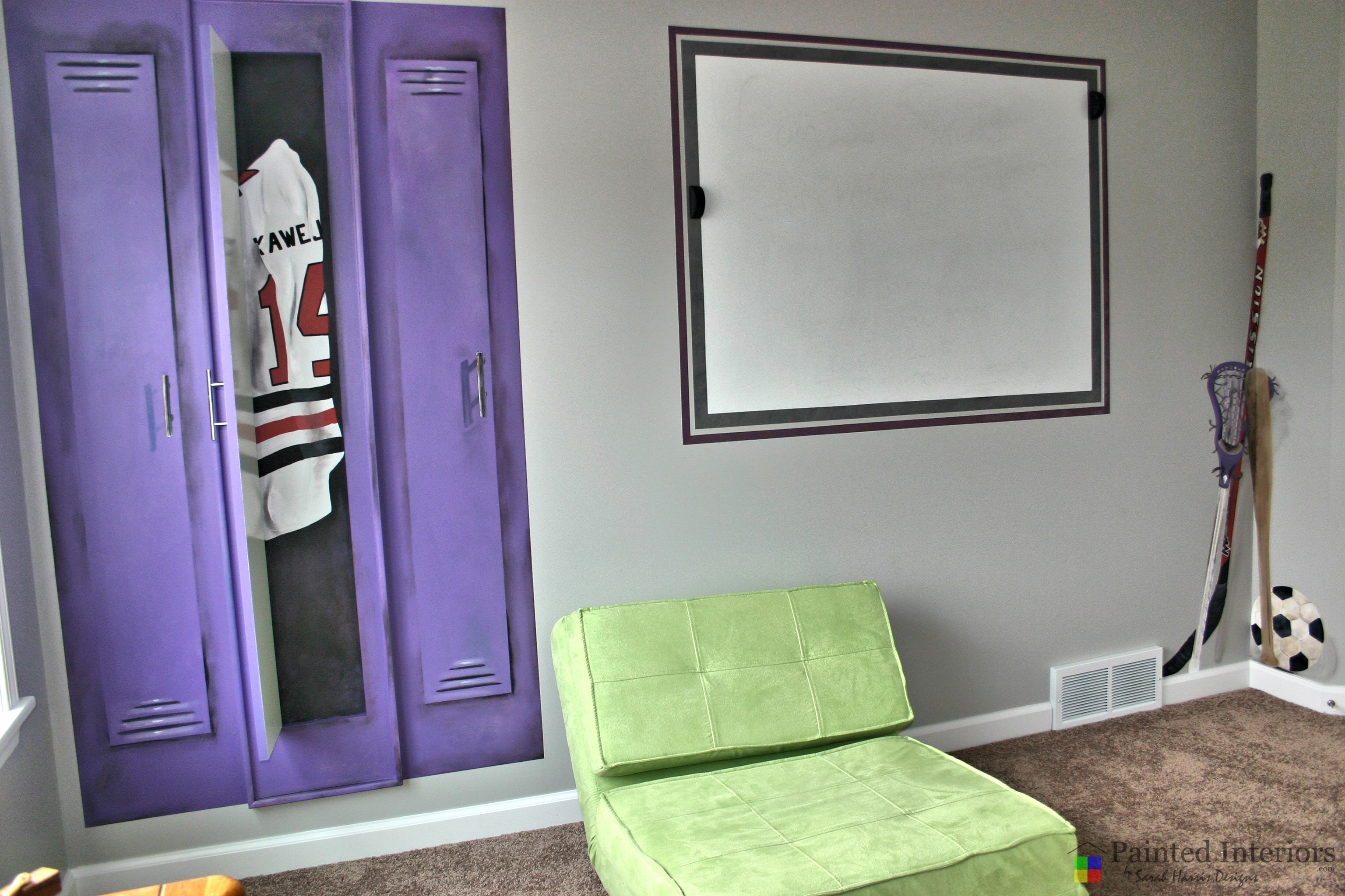 hockey themed room with trompe l'oeil lockers and sports equipment